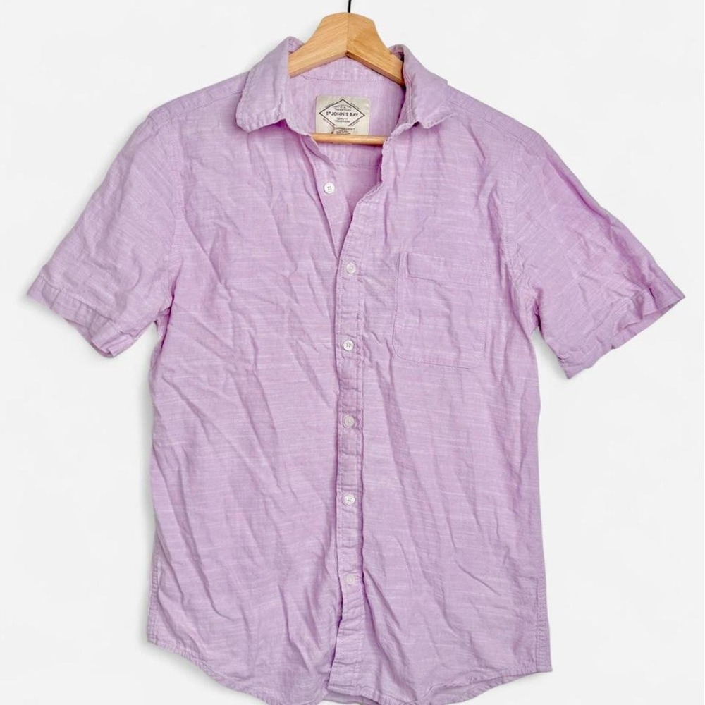 Men's Linen Blend Lavender Purple Short Sleeve Button Up Shirt Casual Summer S